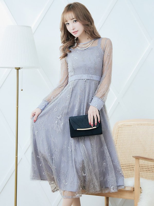 画像32: 【AMORA GRACE / アモーラグレース】 オケージョンドレス/ パーティードレス/ お呼ばれドレス/ アクセサリー付き/ 総レース/ 袖あり/ 長袖/ ミモレ丈/ ワンピース/ キャバドレス[OF05]