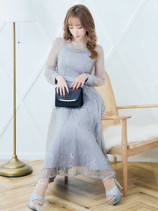 画像34: 【AMORA GRACE / アモーラグレース】 オケージョンドレス/ パーティードレス/ お呼ばれドレス/ アクセサリー付き/ 総レース/ 袖あり/ 長袖/ ミモレ丈/ ワンピース/ キャバドレス[OF05]