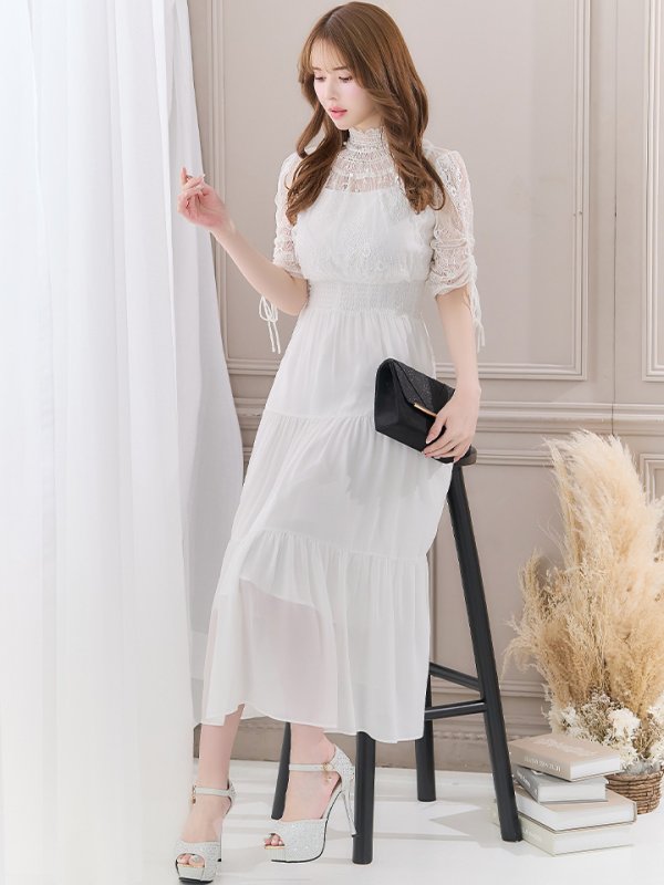 画像4: 【AMORA GRACE / アモーラグレース】 オケージョンドレス/ パーティードレス/ お呼ばれドレス/ ハイネック/ レース/ 袖あり/ Aライン/ ミモレ丈/ ワンピース/ キャバドレス[OF05]