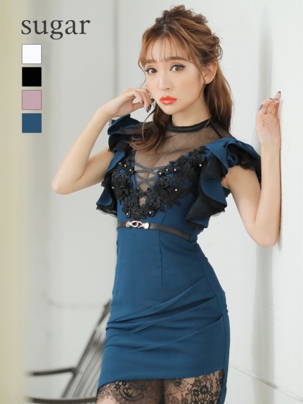 【ROBE de FLEURS Glossy/ローブ・ド・フルール グロッシー】立体フラワーレース/ ベルト/ タイトミニ/ キャバドレス　ブラック