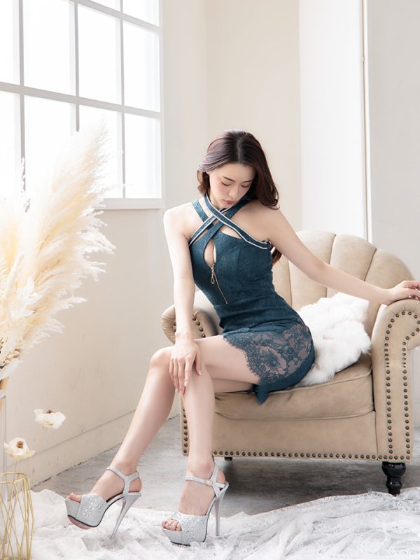 画像6: 【XSサイズあり】【Glossy/グロッシー】バストクロスジップ/ ZIP 片サイドレース切替/ タイト/ ミニドレス/ キャバドレス【OF08】