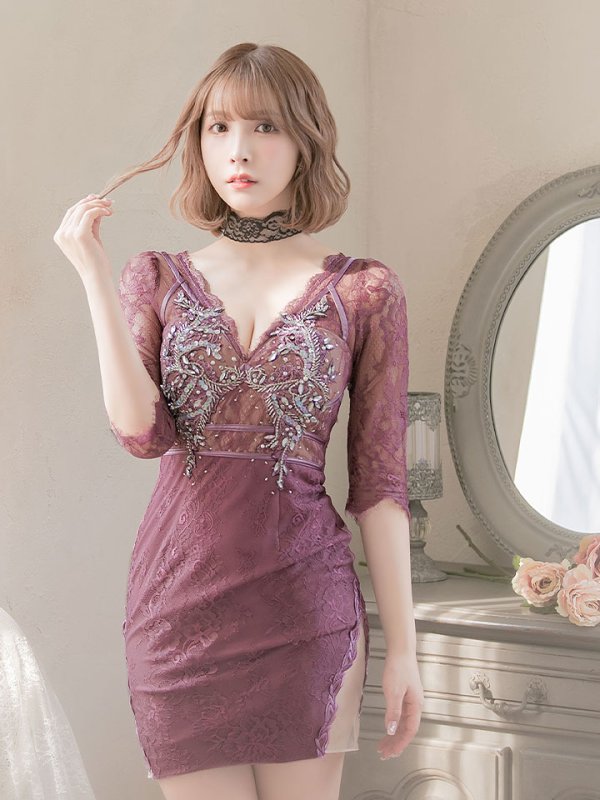画像7: 【XS-Lサイズあり】【Glossy/グロッシー】刺繍レース/ ビジュー/ タイト/ ミニドレス/ キャバドレス【OF08】