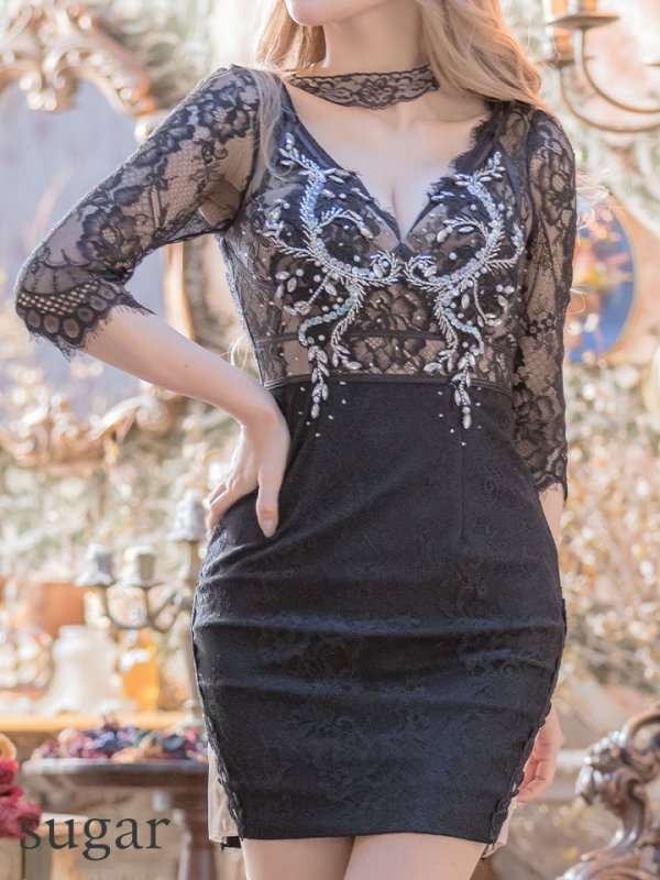 画像8: 【XS-Lサイズあり】【Glossy/グロッシー】刺繍レース/ ビジュー/ タイト/ ミニドレス/ キャバドレス【OF08】