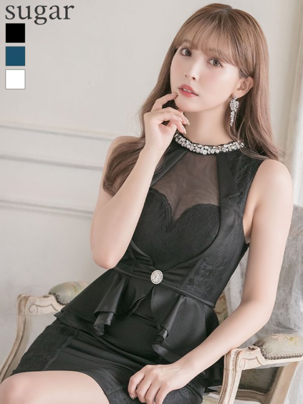画像2: 【ROBE de FLEURS Glossy/ローブ・ド・フルール グロッシー】ビジュー/ レース/ ペプラム/タイト/ ミニドレス/ キャバドレス[OF2]