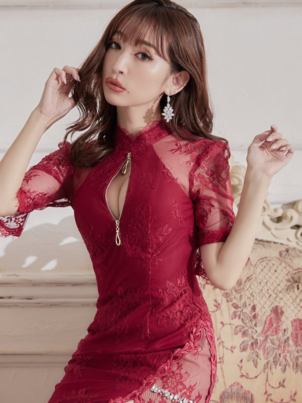 画像4: 【Lサイズあり】 【Glossy/グロッシー】ジップ/ ZIP 袖あり/サイドレース切替/ ロングドレス/ キャバドレスlong[OF08]