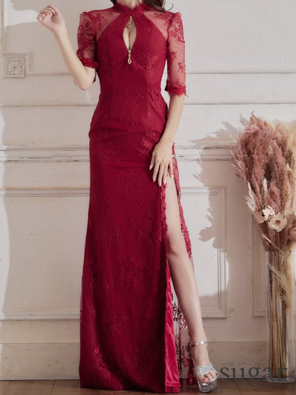 画像9: 【Lサイズあり】 【Glossy/グロッシー】ジップ/ ZIP 袖あり/サイドレース切替/ ロングドレス/ キャバドレスlong[OF08]