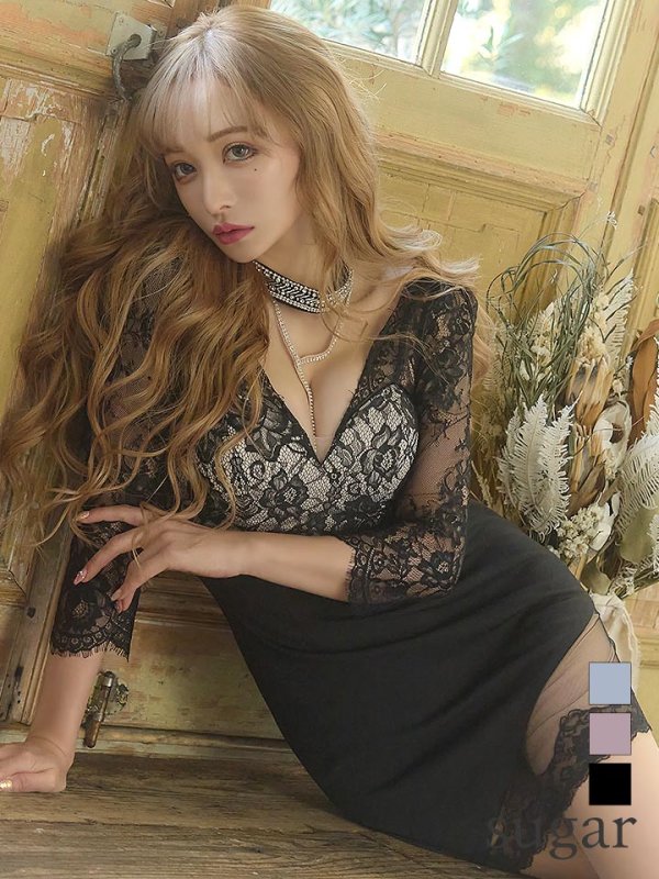 XSサイズあり【ROBE de FLEURS Glossy/ローブ・ド・フルール グロッシー】チョーカー付き / レース/ 七分袖 / 長袖 / タイト / ミニドレス / キャバドレス ブラック