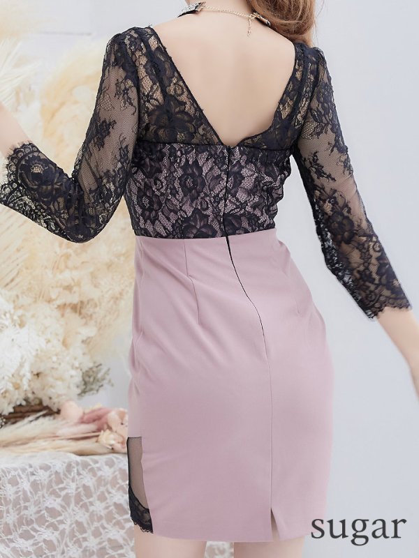 画像10: XSサイズあり【Glossy/グロッシー】チョーカー付き / レース/ 七分袖 / 長袖 / タイト / ミニドレス / キャバドレス【OF08】