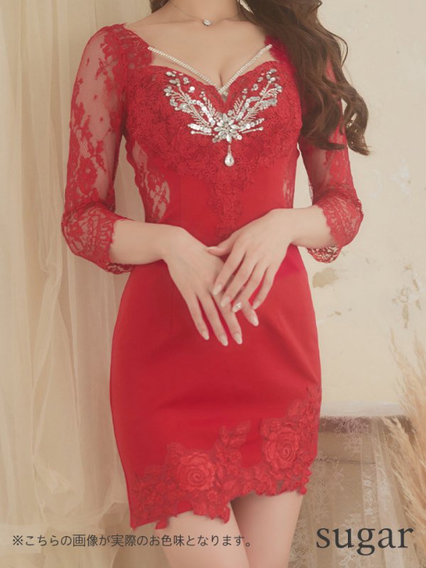 画像27: XS-Lサイズあり【Glossy/グロッシー】レーススリーブ/ 七分袖/ 長袖/ バストクロスデザイン/ ストレッチ/ タイト/ ミニドレス/ キャバドレス【OF08】