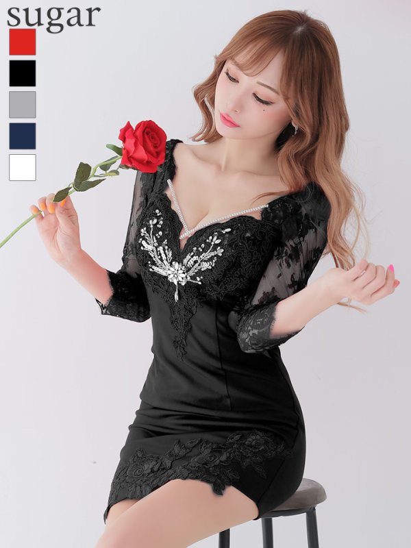 画像2: XS-Lサイズあり【ROBE de FLEURS Glossy/ローブ・ド・フルール グロッシー】レーススリーブ/ 七分袖/ 長袖/ バストクロスデザイン/ ストレッチ/ タイト/ ミニドレス/ キャバドレス[OF2]