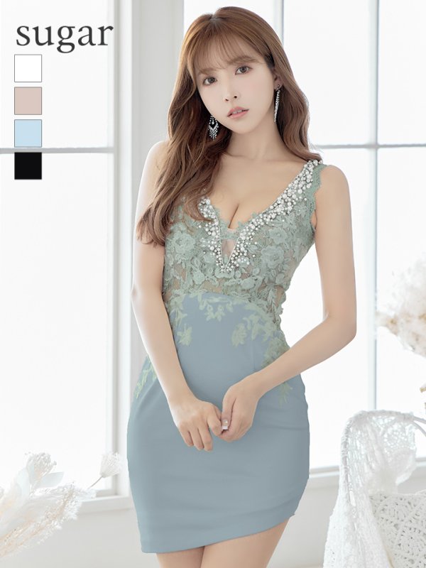 画像1: XS-Lサイズあり【ROBE de FLEURS Glossy/ローブ・ド・フルール グロッシー】スパンコールレース/ ノースリーブ/ ストレッチ/ アシンメトリースカート/ 刺繍/ タイト/ ミニドレス/ キャバドレス[OF2]