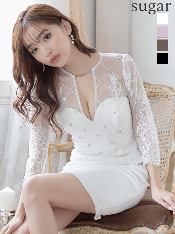 画像1: XSサイズあり【ROBE de FLEURS Glossy/ローブ・ド・フルール グロッシー】長袖/ フラワーレース/ ブロックチュール/ バストカット/ タイト/ ミニドレス/ キャバドレス[OF2]