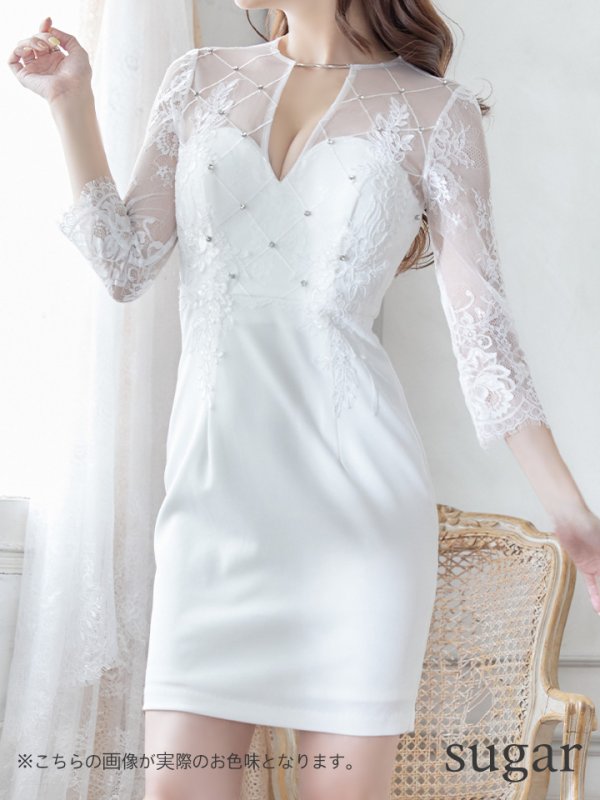 画像8: XSサイズあり【Glossy/グロッシー】長袖/ フラワーレース/ ブロックチュール/ バストカット/ タイト/ ミニドレス/ キャバドレス【HC02】