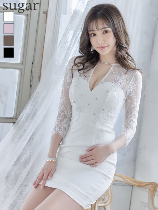 画像1: XSサイズあり【ROBE de FLEURS Glossy/ローブ・ド・フルール グロッシー】長袖/ フラワーレース/ ブロックチュール/ バストカット/ タイト/ ミニドレス/ キャバドレス[OF2]