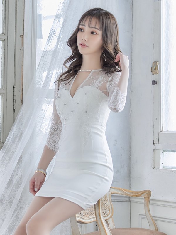 画像3: XSサイズあり【Glossy/グロッシー】長袖/ フラワーレース/ ブロックチュール/ バストカット/ タイト/ ミニドレス/ キャバドレス【HC02】