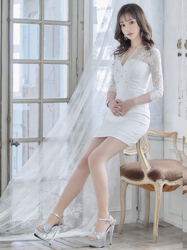 画像4: XSサイズあり【Glossy/グロッシー】長袖/ フラワーレース/ ブロックチュール/ バストカット/ タイト/ ミニドレス/ キャバドレス【HC02】