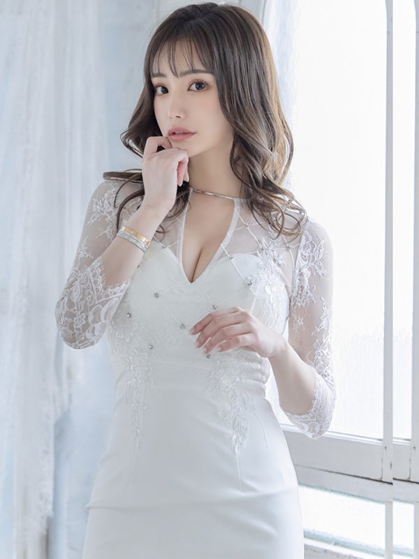 画像5: XSサイズあり【Glossy/グロッシー】長袖/ フラワーレース/ ブロックチュール/ バストカット/ タイト/ ミニドレス/ キャバドレス【HC02】