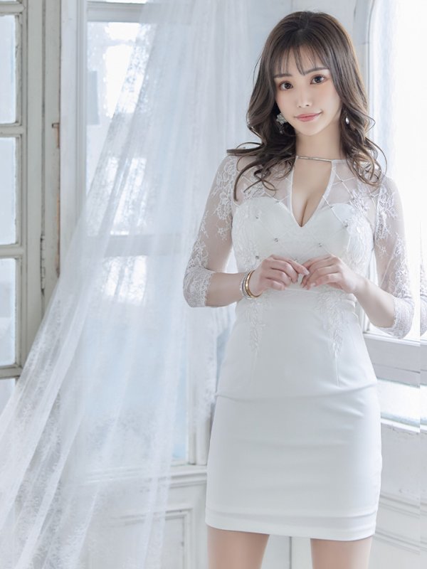 画像6: XSサイズあり【Glossy/グロッシー】長袖/ フラワーレース/ ブロックチュール/ バストカット/ タイト/ ミニドレス/ キャバドレス【HC02】