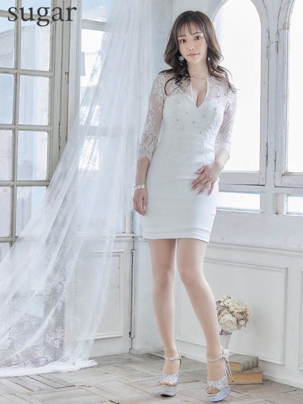 画像7: XSサイズあり【Glossy/グロッシー】長袖/ フラワーレース/ ブロックチュール/ バストカット/ タイト/ ミニドレス/ キャバドレス【HC02】