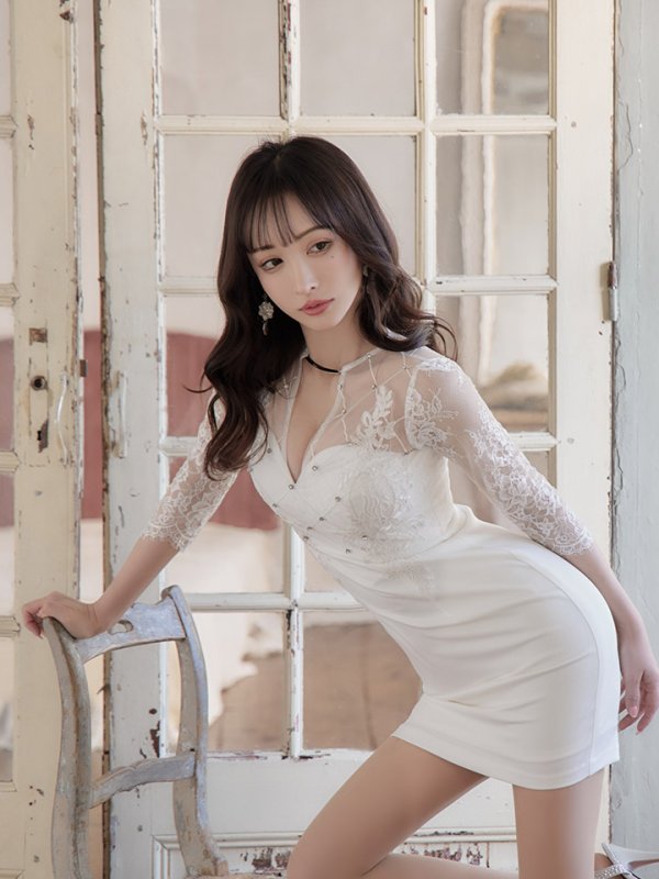 画像3: XSサイズあり【Glossy/グロッシー】長袖/ フラワーレース/ ブロックチュール/ バストカット/ タイト/ ミニドレス/ キャバドレス【HC02】