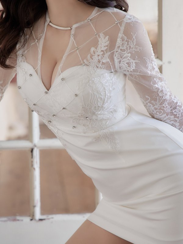 画像6: XSサイズあり【Glossy/グロッシー】長袖/ フラワーレース/ ブロックチュール/ バストカット/ タイト/ ミニドレス/ キャバドレス【HC02】