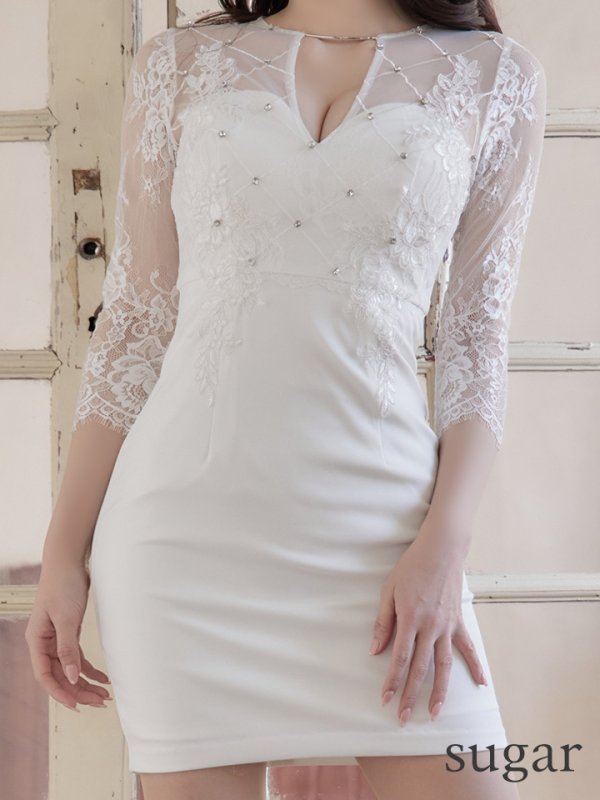 画像8: XSサイズあり【Glossy/グロッシー】長袖/ フラワーレース/ ブロックチュール/ バストカット/ タイト/ ミニドレス/ キャバドレス【HC02】