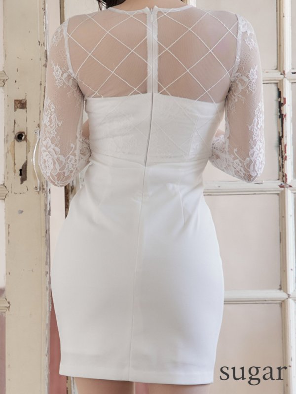 画像9: XSサイズあり【Glossy/グロッシー】長袖/ フラワーレース/ ブロックチュール/ バストカット/ タイト/ ミニドレス/ キャバドレス【HC02】