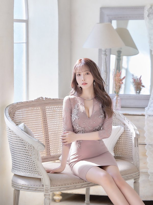 画像2: XSサイズあり【ROBE de FLEURS Glossy/ローブ・ド・フルール グロッシー】長袖/ フラワーレース/ ブロックチュール/ バストカット/ タイト/ ミニドレス/ キャバドレス[OF2]