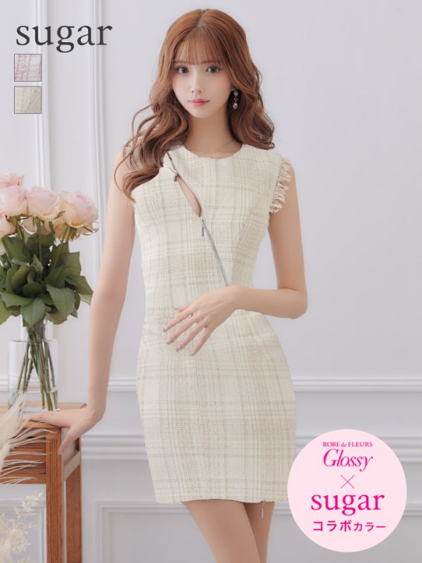 画像1: sugarコラボ商品☆【ROBE de FLEURS Glossy/ローブ・ド・フルール グロッシー】ジップ/ ZIPジップ/ ZIP ラメツイード/ タイト/ ミニドレス/ キャバドレス[OF2]