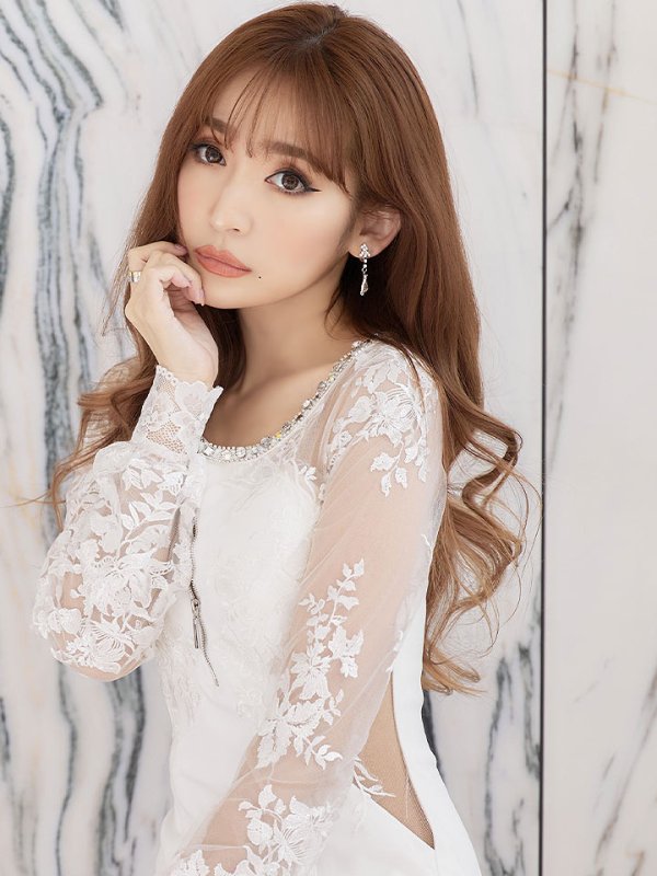 画像3: 訳あり商品☆毛羽立ちあり☆XSサイズあり【Glossy/グロッシー】刺繍レーススリーブ/ 袖あり/ 長袖/ ストレッチ/ ジップ/ ZIP タイト/ ミニドレス/ キャバドレス[OF2]