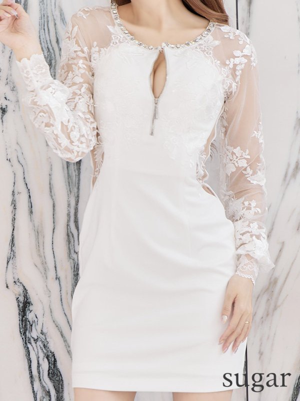 画像8: 訳あり商品☆毛羽立ちあり☆XSサイズあり【Glossy/グロッシー】刺繍レーススリーブ/ 袖あり/ 長袖/ ストレッチ/ ジップ/ ZIP タイト/ ミニドレス/ キャバドレス[OF2]