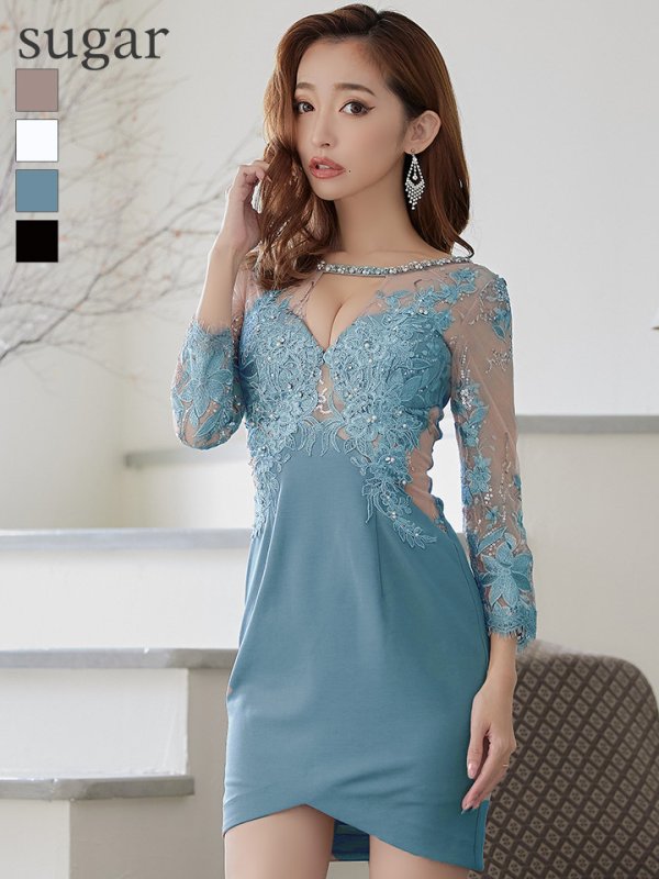 画像2: XSサイズあり【ROBE de FLEURS Glossy/ローブ・ド・フルール グロッシー】アメスリ/ ビジュー/ 刺繍レース/ サイドシアー/ チュールスリーブ/ 長袖/ 袖あり/ アシメ/ タイト/ ミニドレス/ キャバドレス[OF2]