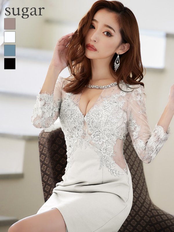 画像1: XSサイズあり【ROBE de FLEURS Glossy/ローブ・ド・フルール グロッシー】アメスリ/ ビジュー/ 刺繍レース/ サイドシアー/ チュールスリーブ/ 長袖/ 袖あり/ アシメ/ タイト/ ミニドレス/ キャバドレス[OF2]