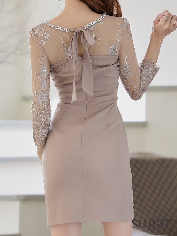 画像9: XSサイズあり【Glossy/グロッシー】アメスリ/ ビジュー/ 刺繍レース/ サイドシアー/ チュールスリーブ/ 長袖/ 袖あり/ アシメ/ タイト/ ミニドレス/ キャバドレス【HC02】