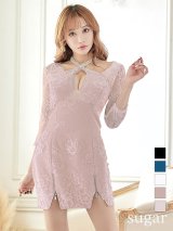 XS〜Lサイズあり【ROBE de FLEURS Glossy/ローブ・ド・フルール グロッシー】ホルターネック/ アメスリ/ レーススリーブ/ 七分袖/ 長袖/ 袖あり/ ジップ/ タイト/ ミニドレス/ キャバドレス