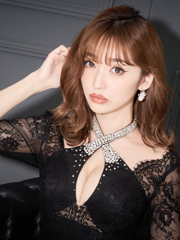 画像7: XS?Lサイズあり【Glossy/グロッシー】ホルターネック/ アメスリ/ レーススリーブ/ 七分袖/ 長袖/ 袖あり/ ジップ/ タイト/ ミニドレス/ キャバドレス【HC02】