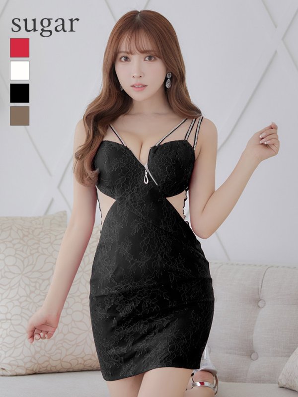 画像1: XSサイズあり☆【ROBE de FLEURS Glossy/ローブ・ド・フルール グロッシー】フロントジップ/ バックチュール/ 総レース/ ノースリーブ/ タイト/ ミニドレス/ キャバドレス[OF2]