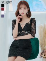 【ROBE de FLEURS Glossy/ローブ・ド・フルール グロッシー】レーススリーブ/ 七分袖/ 長袖/ 袖あり/ ウエストシースルー/ ジップ/ タイト/ ミニドレス/ キャバドレス[OF2]
