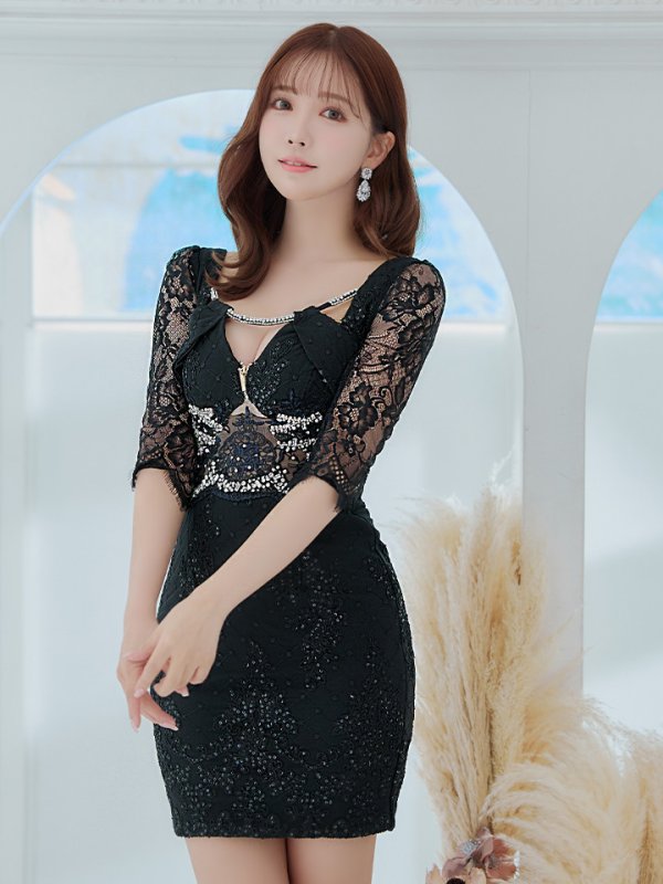画像2: 【Glossy/グロッシー】レーススリーブ/ 七分袖/ 長袖/ 袖あり/ ウエストシースルー/ ジップ/ タイト/ ミニドレス/ キャバドレス[OF2]