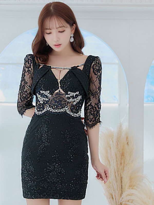画像4: 即日発送中!【Glossy/グロッシー】レーススリーブ/ 七分袖/ 長袖/ 袖あり/ ウエストシースルー/ ジップ/ タイト/ ミニドレス/ キャバドレス【HC02】