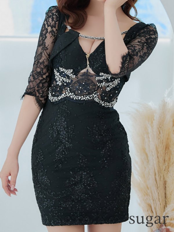 画像20: 即日発送中!【Glossy/グロッシー】レーススリーブ/ 七分袖/ 長袖/ 袖あり/ ウエストシースルー/ ジップ/ タイト/ ミニドレス/ キャバドレス【HC02】