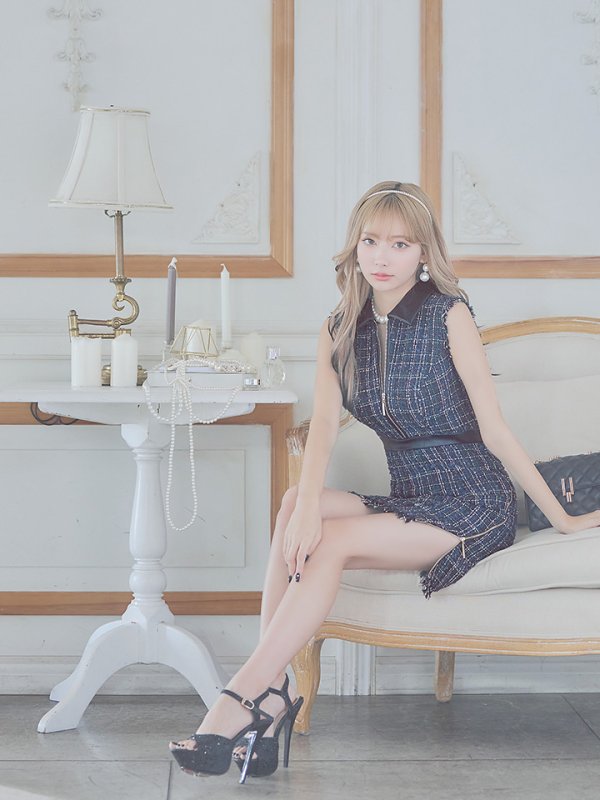 画像2: 【XS-Lサイズあり☆】【ROBE de FLEURS Glossy/ローブ・ド・フルール グロッシー】襟フロントジップ/ ツイード/ ハイウエスト/ レザー/ タイト/ ミニドレス/ キャバドレス[OF2]