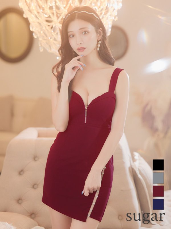 画像1: XSサイズあり【Glossy/グロッシー】フロントジップ/ ビジュー/ ストレッチ/ ビスチェ/ タイト/ ミニドレス/ キャバドレス[OF2]