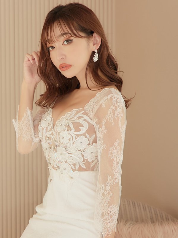 画像3: XS?Lサイズあり【Glossy/グロッシー】レース/ 七分袖/ 長袖/ 袖あり/ フラワーモチーフ/ タイト/ ミニドレス/ キャバドレス【HC02】