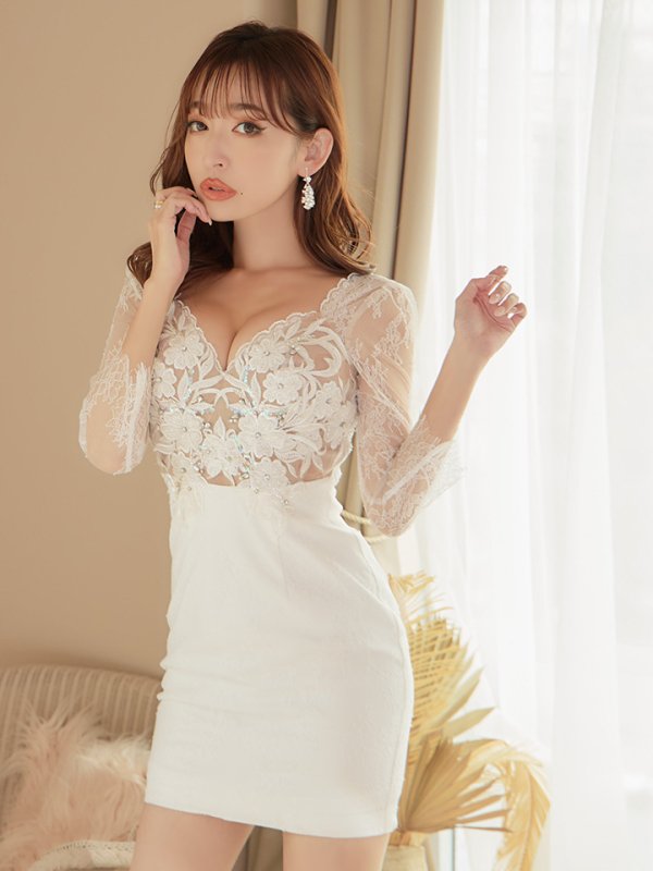 画像6: XS?Lサイズあり【Glossy/グロッシー】レース/ 七分袖/ 長袖/ 袖あり/ フラワーモチーフ/ タイト/ ミニドレス/ キャバドレス【HC02】