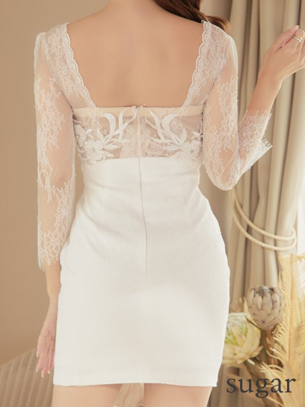 画像9: XS?Lサイズあり【Glossy/グロッシー】レース/ 七分袖/ 長袖/ 袖あり/ フラワーモチーフ/ タイト/ ミニドレス/ キャバドレス【HC02】