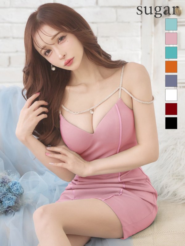 XSサイズあり【ROBE de FLEURS Glossy/ローブ・ド・フルール グロッシー】ワンカラー/ キャミソール/ ビジュー/ ストレッチ/ タイト/ ミニドレス/ キャバドレス[OF2]　ピンク