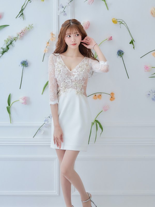 画像5: XSサイズあり【Glossy/グロッシー】立体フラワー/ レース/ 七分袖/ 長袖/ 袖あり/ ストレッチ/ タイト/ ミニドレス/ キャバドレス【HC02】