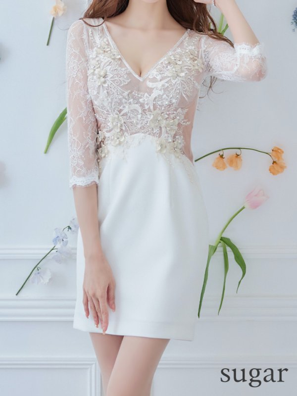 画像8: XSサイズあり【Glossy/グロッシー】立体フラワー/ レース/ 七分袖/ 長袖/ 袖あり/ ストレッチ/ タイト/ ミニドレス/ キャバドレス【HC02】