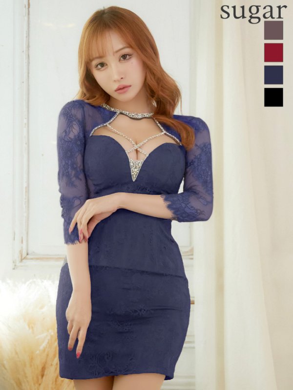 画像1: XS〜Lサイズあり【ROBE de FLEURS Glossy/ローブ・ド・フルール グロッシー】ビジュークロス/ レーススリーブ/ 七分袖/ 長袖/ 袖あり/ タイト/ ミニドレス/ キャバドレス[OF2]